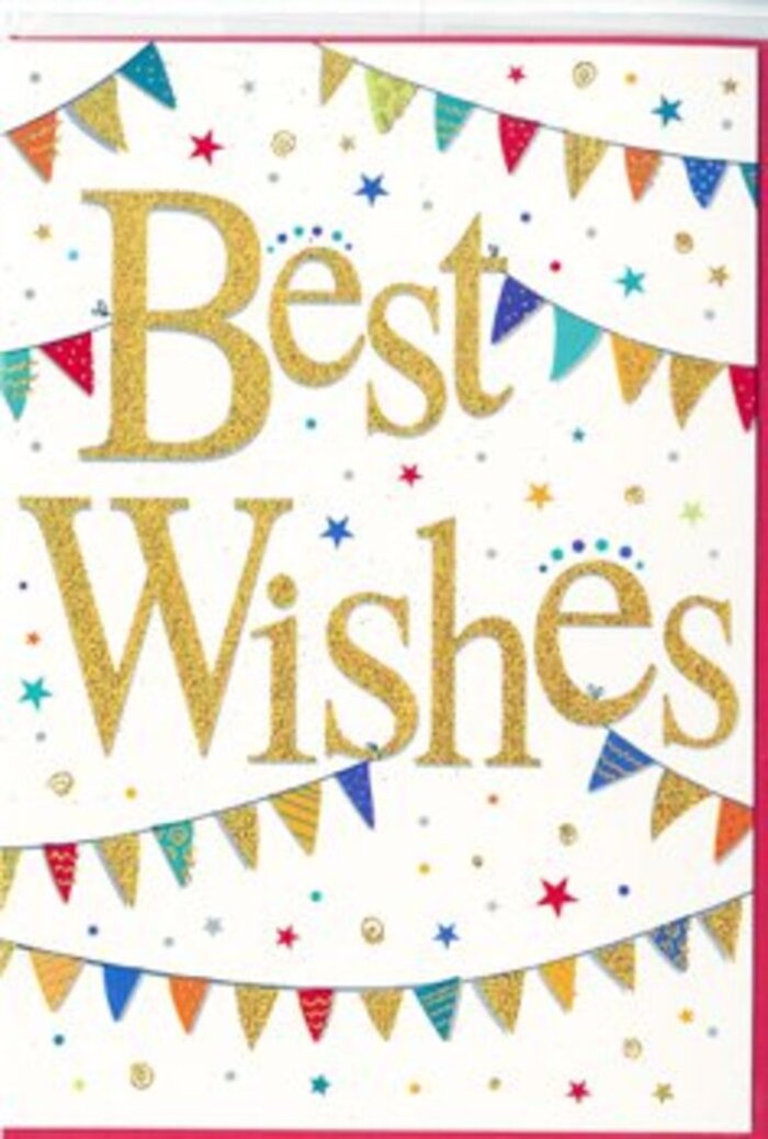This "Best Wishes" card captures the spirit of celebration with a refined joy that feels perfectly at home in Highgate's village atmosphere. The base is a smooth, bright white card that acts like a fresh canvas, making every colour and sparkle stand out crisply, as though seen in clear daylight. In the centre, the message "Best Wishes" is scripted in flowing gold, the strokes slightly raised and dusted with a fine glitter that catches imaginary light from different angles, similar to the soft glint of evening sun filtering through trees near Highgate Wood. The gold is rich but not overpowering, radiating warmth and reassurance rather than showiness. Surrounding this central message, arcs of bunting sweep gracefully across the top and bottom of the card, each tiny triangular flag painted in vivid jewel tones-emerald, ruby, sapphire, coral, and sunny yellow. Some flags show neat stripes, others playful polka dots or tiny geometric details, giving a sense of individuality and hand-crafted care, much like decorations lovingly arranged for a community event. Between these colourful garlands, delicate stars and scattered dots in coordinated colours appear as light bursts of confetti, frozen mid-flight in a moment of joy. Their irregular spacing adds a feeling of spontaneity, suggesting the buzz of shared celebration after good news-a new home near Swain's Lane, exam success, or a milestone birthday. Although no florals are depicted, the design harmonises naturally with a cheerful arrangement on its way from a Highgate florist, ready to be nestled among blossoms as a handwritten note of optimism, encouragement, and heartfelt congratulations.