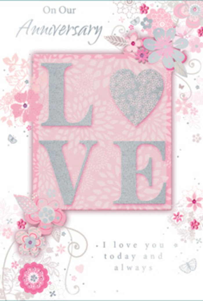 The anniversary card in this image is presented as if placed on a polished table in a Highgate café, bathed in soft, natural light that enhances its romantic details. The central motif is the word "LOVE," printed in refined capitals and finished with a frosted glitter overlay that feels both playful and sophisticated. The glitter has a fine, sugar-like quality, adding a tactile delight that invites a gentle touch, much like running fingers over the textured petals of a fresh rose from a nearby florist on Highgate High Street. Surrounding this central word, delicate hand-drawn blooms and wispy sprays drift along the card's edges, almost as though a breeze has teased them into motion. These blossoms bloom in shades of blush pink, lilac, and creamy ivory, each with softly blended tones that suggest the watercolour wash of an artist's brush. Fine filigree lines form tendrils, leaves, and subtle butterflies, so lightly rendered they feel like whispered details-little secrets waiting to be discovered when you look closely. The overall layout has the grace of a carefully structured bouquet, the sort a florist composes for a couple celebrating years together, perhaps after a stroll through Waterlow Park. In the midst of the floral design, the message "I love you today and always" appears in an understated, flowing typeface, its simplicity balancing the card's intricate artwork. The gentle contrast of pale pinks, pearly whites, and muted greys creates a tranquil mood, evoking an intimate anniversary evening at home in Highgate, where love is not loud, but constant and deeply felt.