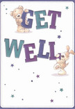 Radiating playful comfort, this get well card is alive with warmth-like stepping into a friendly Highgate florist shop filled with good wishes. Two charming figures, a fuzzy teddy and a perky puppy, spring from the card's cream-white background, cooperating as they hold oversized, colourful 'Get Well' letters that bounce with cheerful appeal. The indigo and teal tones of the text lend the scene a calming energy, recalling the patchwork of colours in a bouquet fresh from Muswell Hill Road. Scattering of stars in gentle blues and purples add a splash of whimsy, suggesting hopefulness as bright and reassuring as dawn over Hampstead Heath. There's a sense of tactile delight in the way the bear's and puppy's soft fur seems almost touchable, inviting an imagined cuddle for anyone feeling under the weather. More than just a message, the card acts as an emotional salve-perfect for sending Highgate comfort and kindness to friends or neighbours on the path to recovery.